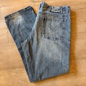 Y2K Machine Light Blue Jeans embroidery faded distressed 38 32 indie grunge